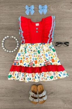 "Back To School" Red Supplies Ruffle Dress
