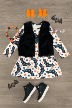 Bat Dress & Black Fur Vest Set