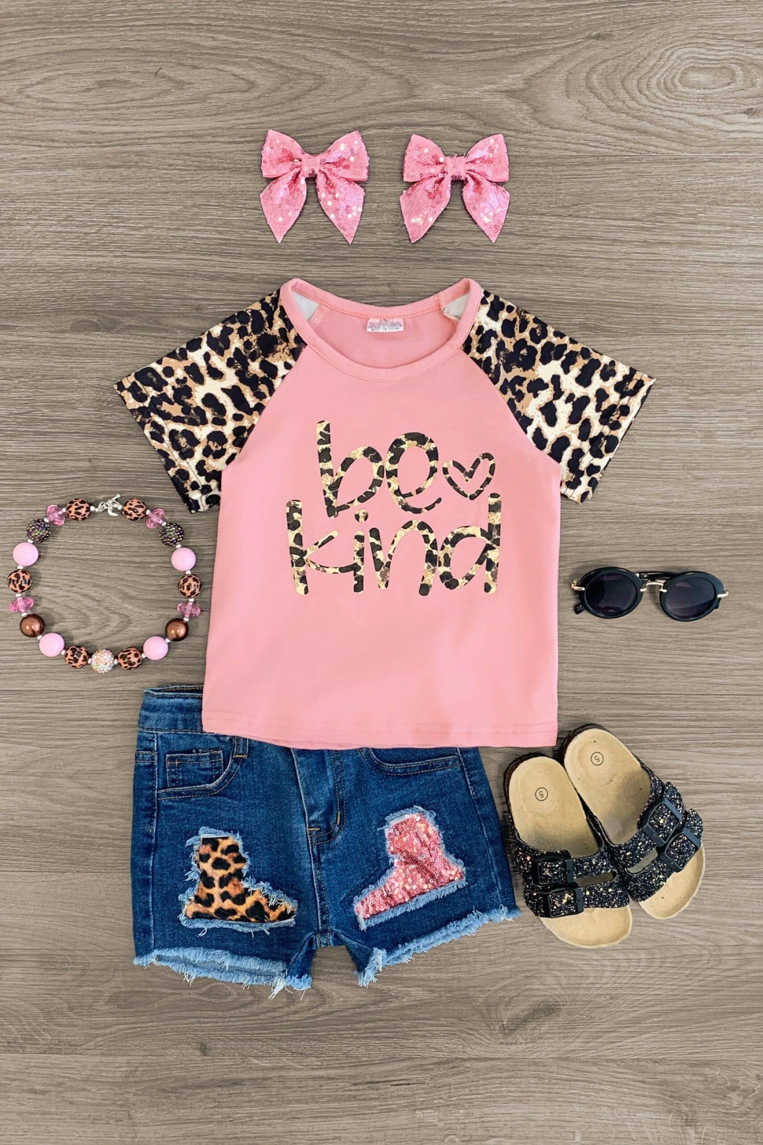 "Be Kind" Pink Sequin Cheetah Distressed Short Set 3 "Be Kind" Pink Sequin Cheetah Distressed Short Set