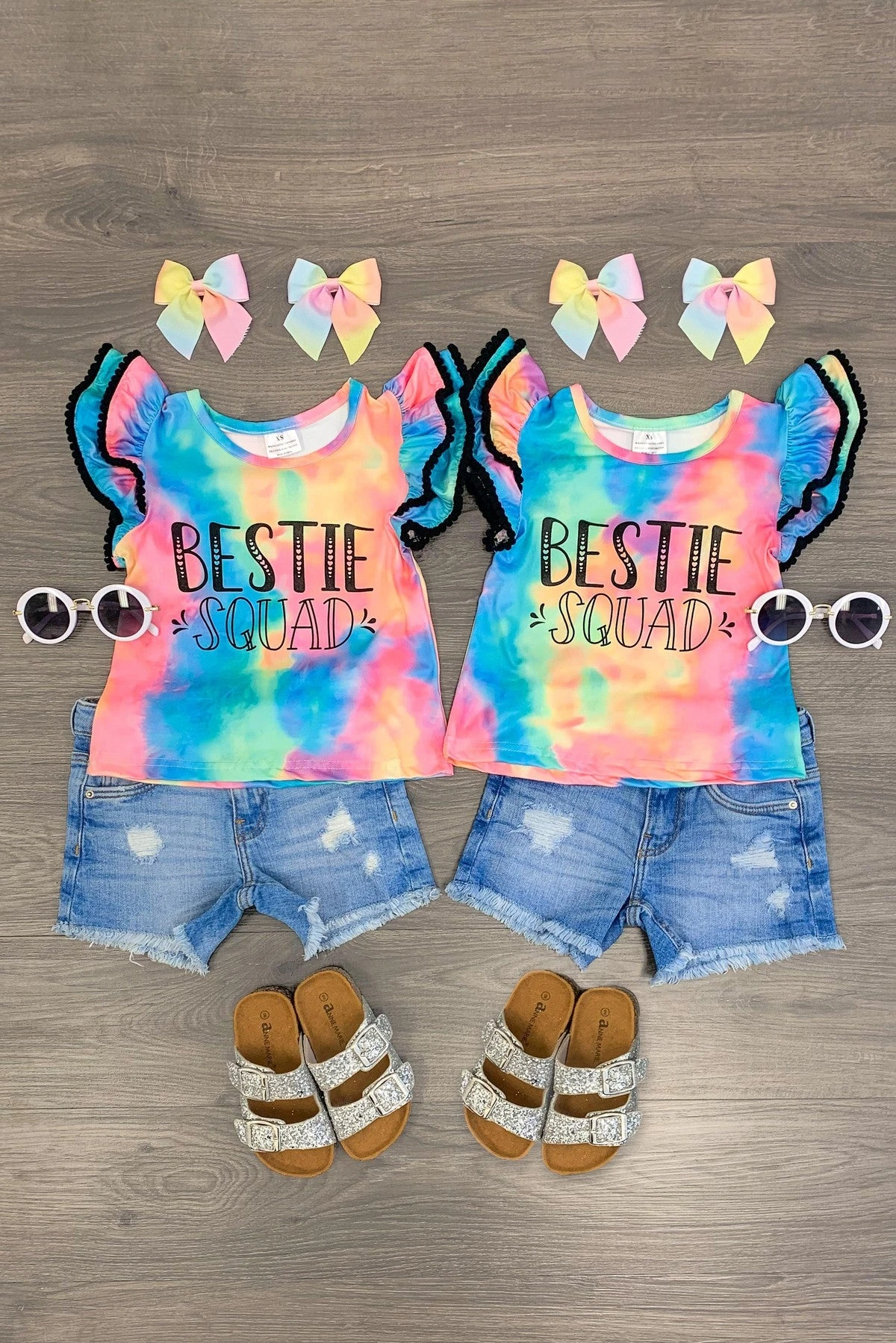 "Bestie Squad" Tie Dye Ruffle Short Sleeve Top 3 "Bestie Squad" Tie Dye Ruffle Short Sleeve Top