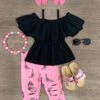 Black & Pink Butterfly Distressed Capri Set -Children's boutique clothing black pink butterfly distressed capri set outfit sparkle in pink 29149871112266