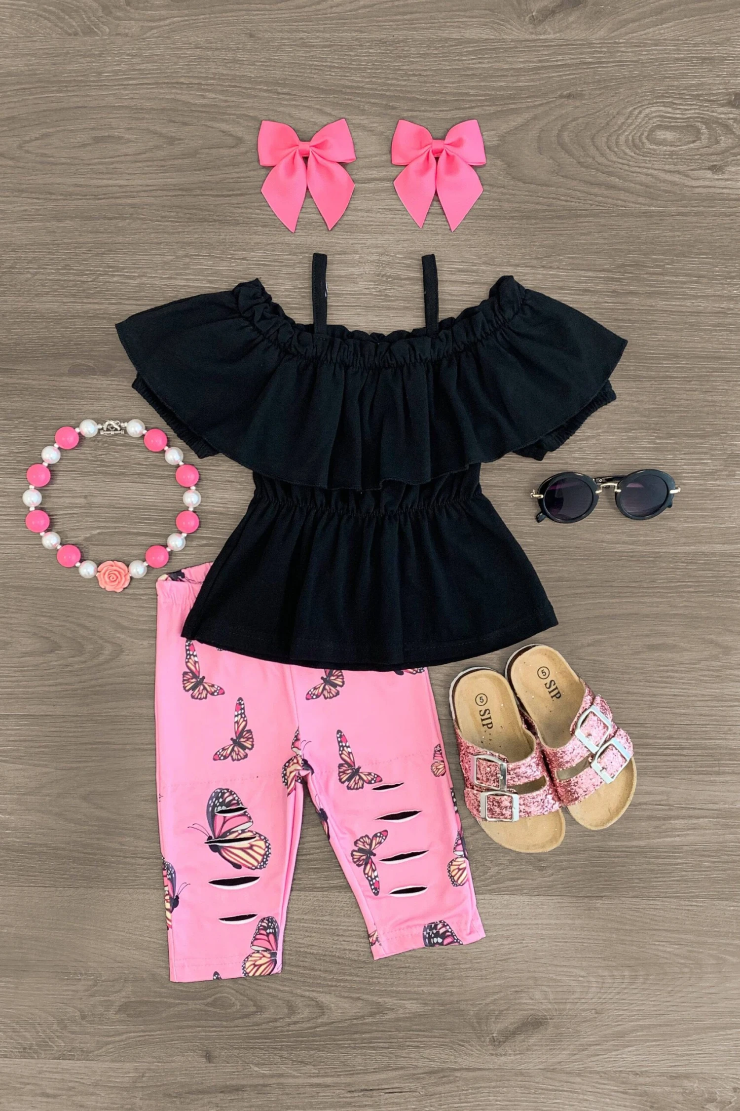 Black & Pink Butterfly Distressed Capri Set 3 Black & Pink Butterfly Distressed Capri Set