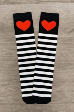 Black White Stripe Socks With Red Heart