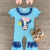 Blue Floral Cow Romper -Children's boutique clothing blue floral cow romper baby sparkle in pink 882267
