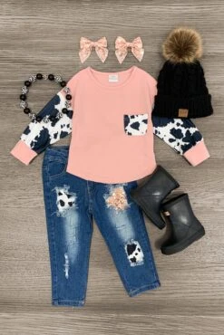 Blush Cow Print Sequin Distressed Denim Pant Set