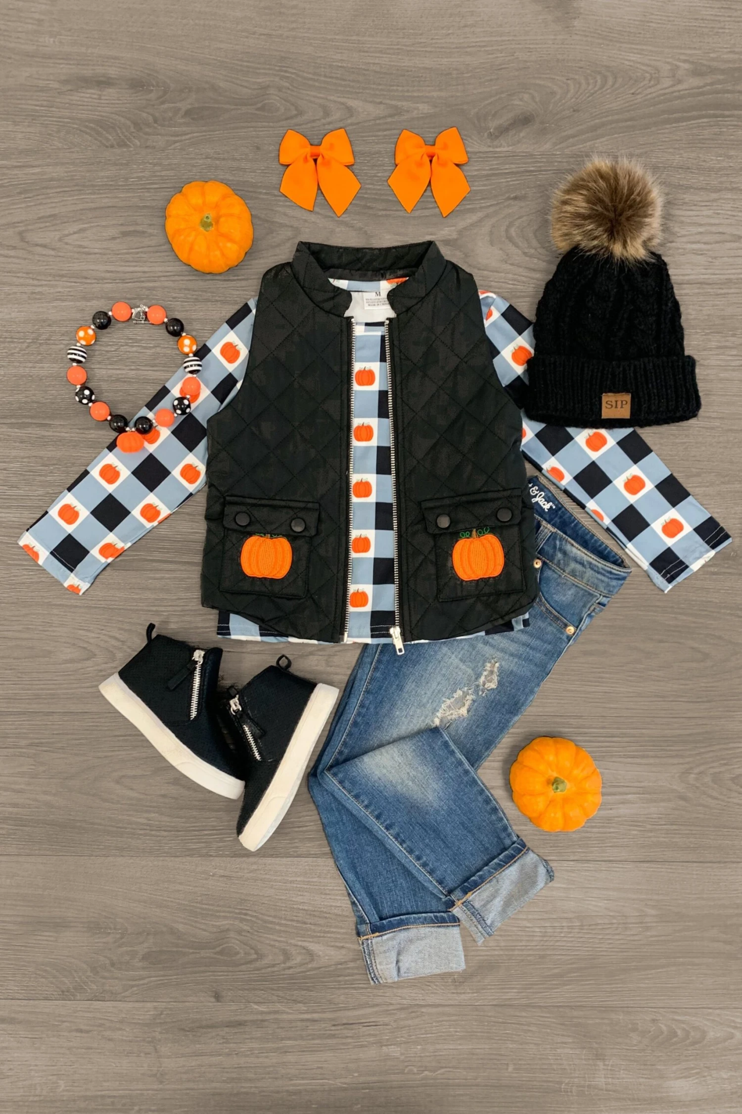 Buffalo Plaid Top With Pumpkin Vest Set 3 Buffalo Plaid Top With Pumpkin Vest Set