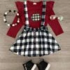 Burgundy Plaid Pumpkin Suspender Skirt Set