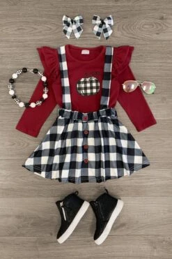 Burgundy Plaid Pumpkin Suspender Skirt Set