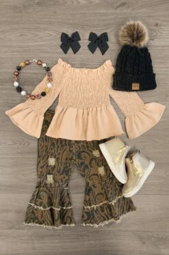 Ruched Brown Cheetah Ruffle Bell Bottom Set