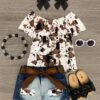 Brown Cow Ruffle Denim Short Set 1 Brown Cow Ruffle Denim Short Set -Children's boutique clothing cow print cold shoulder denim short set outfit sparkle in pink 28092254453834