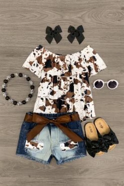 Brown Cow Ruffle Denim Short Set