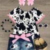 Cow Print Distressed Denim Short Set -Children's boutique clothing cow print distressed denim short set outfit sparkle in pink 139981
