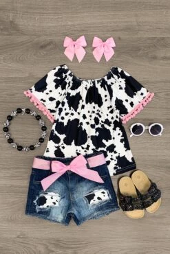 Cow Print Distressed Denim Short Set