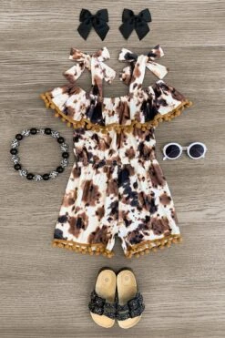 Cow Print Pom Pom Romper