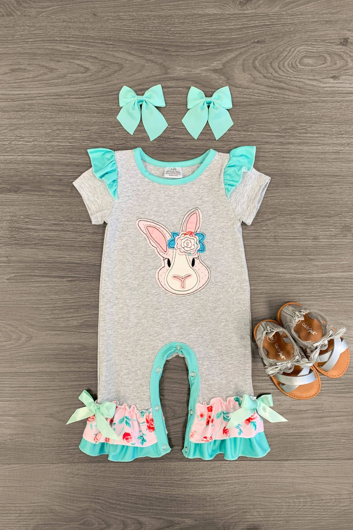 Cute Bunny Gray & Mint Romper 3 Cute Bunny Gray & Mint Romper