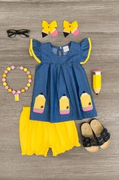 Denim Pencils & Roses Short Set