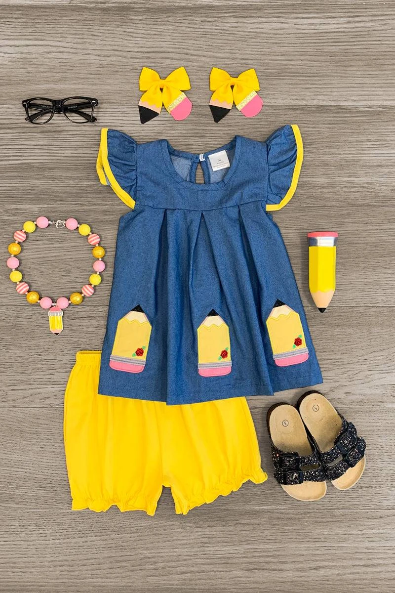 Denim Pencils & Roses Short Set 3 Denim Pencils & Roses Short Set