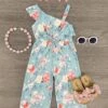 Light Blue One Shoulder Floral Jumpsuit -Children's boutique clothing dusty teal floral jumpsuit romper sparkle in pink 420586