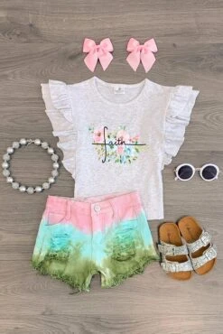 "Faith" Floral Tie Dye Denim Short Set
