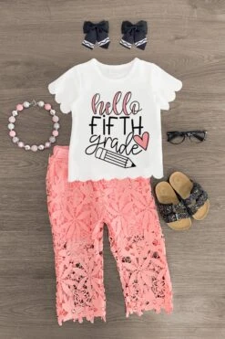 "Hello Pre-K - 6th Grade" Floral Lace Pant Set 18 "Hello Pre-K - 6th Grade" Floral Lace Pant Set -Children's boutique clothing fifth grade