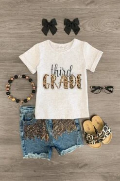 "First - Fifth Grade" Sequin Denim Short Set -Children's boutique clothing first fifth grade sequin denim short set outfit sparkle in pink 29216421052490