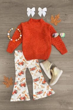 Floral Pumpkin Sweater Bell Bottom Set