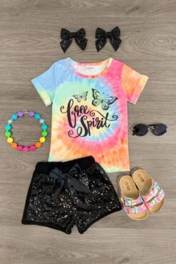 "Free Spirit" Butterfly Tie Dye Sequin Short Set