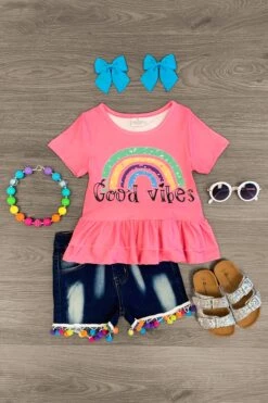"Good Vibes" Pink Ruffle Pom Pom Short Set