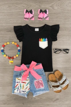 Got A Pocket Full Of Crayons Denim Short Set