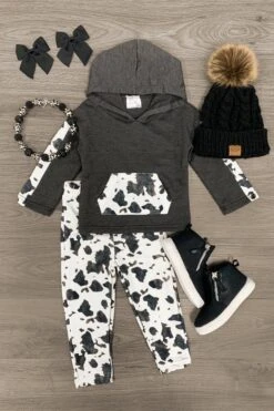 Gray & White Cow Print Pant Set