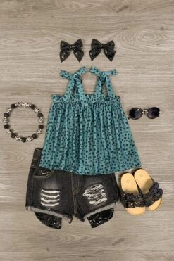 Green Leopard Sequin Distressed Denim Short Set