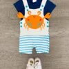 Happy Crab Striped Overall Romper Set