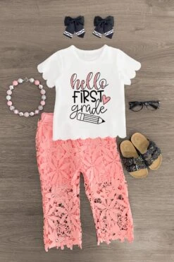 "Hello Pre-K - 6th Grade" Floral Lace Pant Set 14 "Hello Pre-K - 6th Grade" Floral Lace Pant Set -Children's boutique clothing hello First