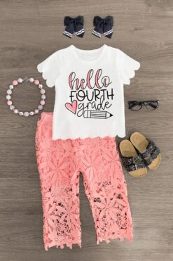 "Hello Pre-K - 6th Grade" Floral Lace Pant Set 17 "Hello Pre-K - 6th Grade" Floral Lace Pant Set -Children's boutique clothing hello fourth