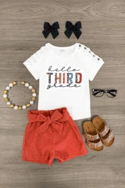 "Hello Pre-K - 6th Grade" Corduroy Short Set -Children's boutique clothing hello pre k 6th grade corduroy short set outfit sparkle in pink 29179283472458