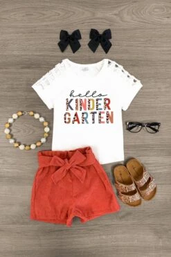 "Hello Pre-K - 6th Grade" Corduroy Short Set -Children's boutique clothing hello pre k 6th grade corduroy short set outfit sparkle in pink 29179283537994