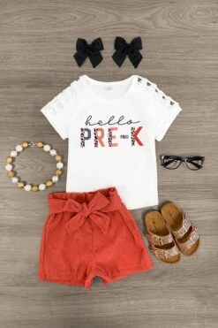 "Hello Pre-K - 6th Grade" Corduroy Short Set -Children's boutique clothing hello pre k 6th grade corduroy short set outfit sparkle in pink 29179283570762