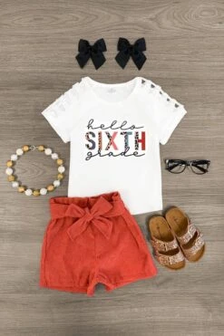 "Hello Pre-K - 6th Grade" Corduroy Short Set -Children's boutique clothing hello pre k 6th grade corduroy short set outfit sparkle in pink 29179283701834