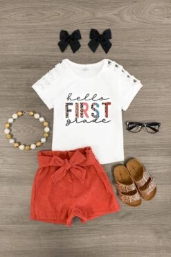 "Hello Pre-K - 6th Grade" Corduroy Short Set -Children's boutique clothing hello pre k 6th grade corduroy short set outfit sparkle in pink 29179283767370