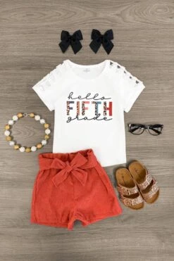 "Hello Pre-K - 6th Grade" Corduroy Short Set -Children's boutique clothing hello pre k 6th grade corduroy short set outfit sparkle in pink 29179283800138