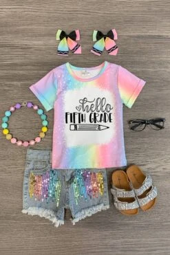 "Hello Pre-K - 6th Grade" Rainbow Denim Short Set -Children's boutique clothing hello pre k 6th grade rainbow denim short set outfit sparkle in pink 29220091297866