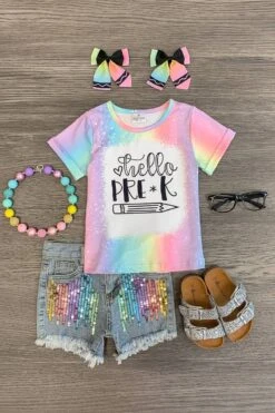 "Hello Pre-K - 6th Grade" Rainbow Denim Short Set -Children's boutique clothing hello pre k 6th grade rainbow denim short set outfit sparkle in pink 29220091363402