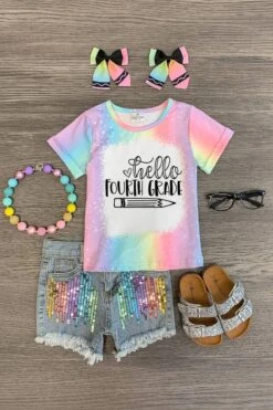 "Hello Pre-K - 6th Grade" Rainbow Denim Short Set -Children's boutique clothing hello pre k 6th grade rainbow denim short set outfit sparkle in pink 29220091494474