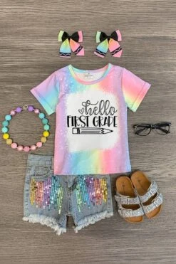 "Hello Pre-K - 6th Grade" Rainbow Denim Short Set -Children's boutique clothing hello pre k 6th grade rainbow denim short set outfit sparkle in pink 29220091527242