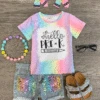 "Hello Pre-K - 6th Grade" Rainbow Denim Short Set -Children's boutique clothing hello pre k 6th grade rainbow denim short set outfit sparkle in pink 29220232233034