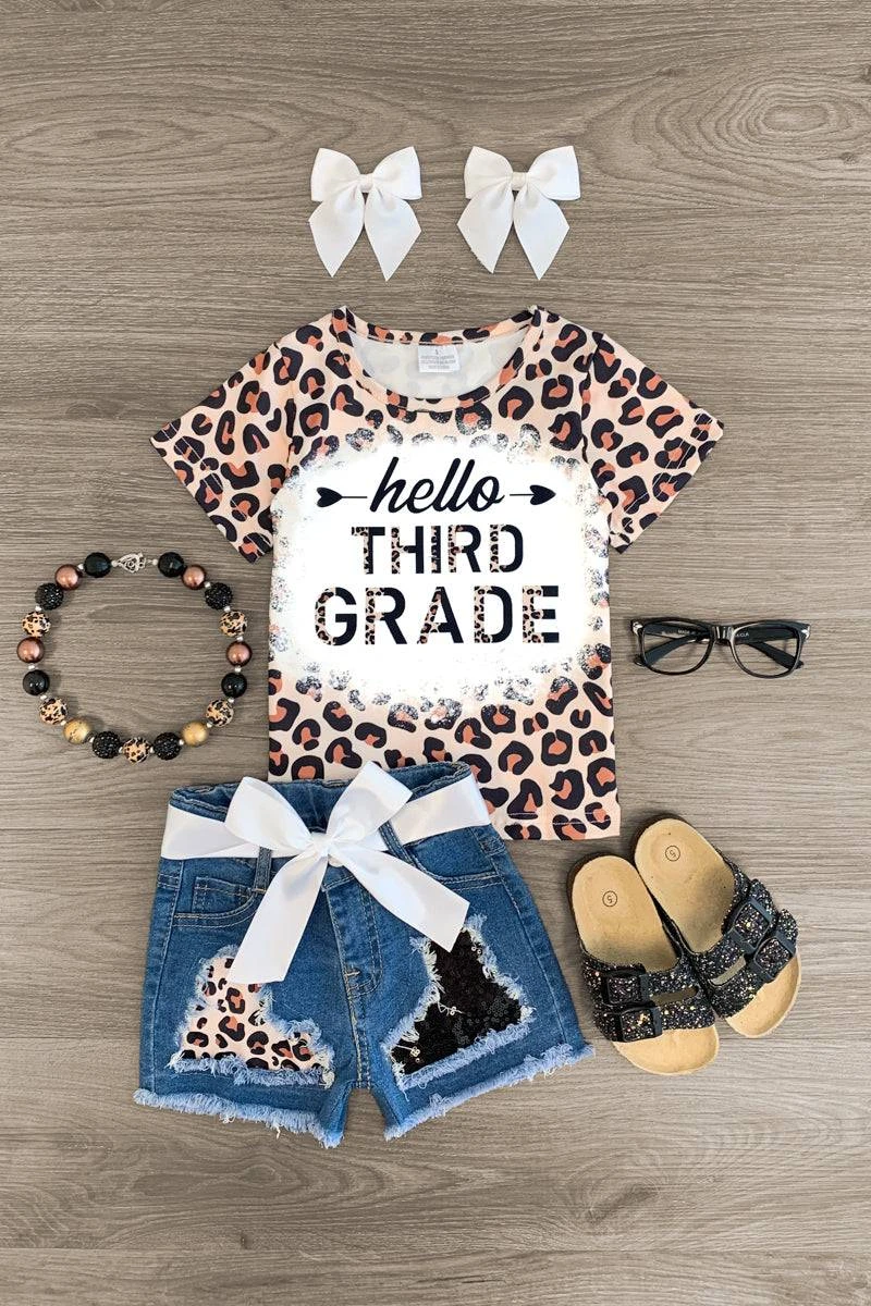 "Hello Preschool - 6th Grade" Cheetah Denim Short Set 8 "Hello Preschool - 6th Grade" Cheetah Denim Short Set - Image 6