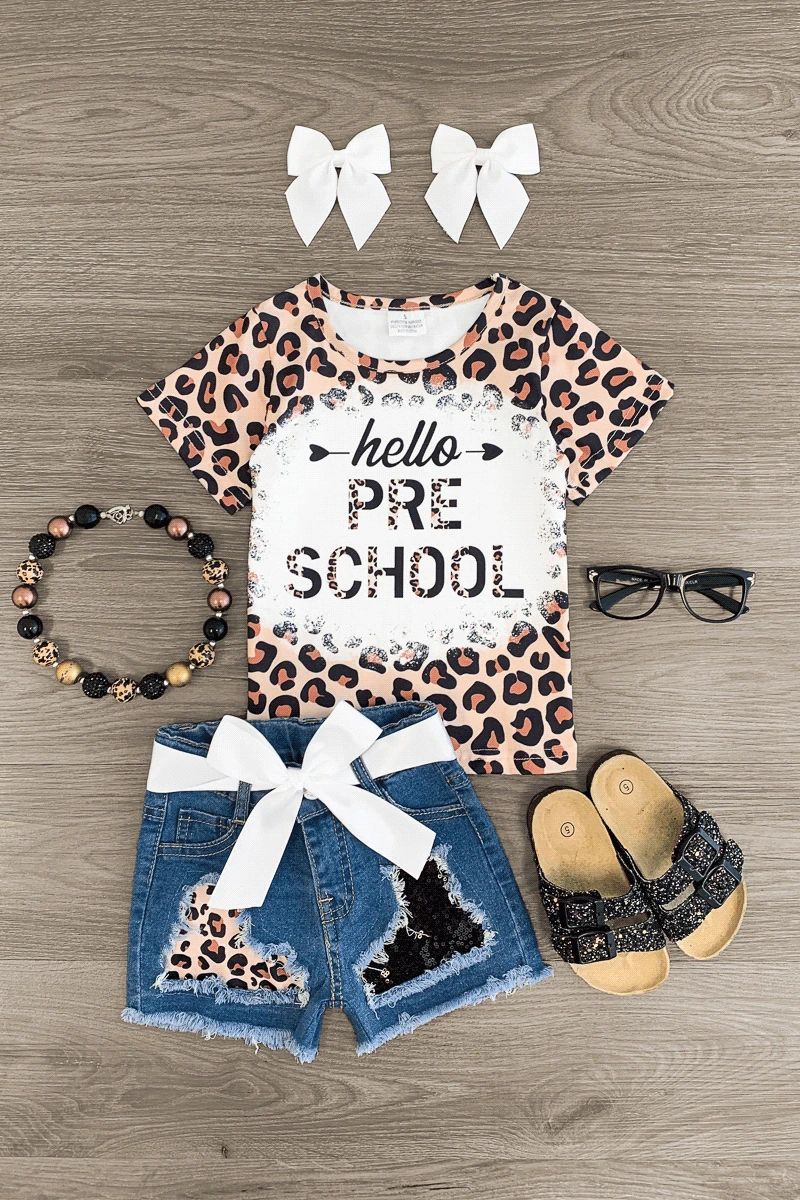 "Hello Preschool - 6th Grade" Cheetah Denim Short Set 3 "Hello Preschool - 6th Grade" Cheetah Denim Short Set