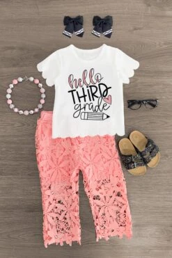 "Hello Pre-K - 6th Grade" Floral Lace Pant Set 16 "Hello Pre-K - 6th Grade" Floral Lace Pant Set -Children's boutique clothing hello third