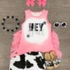 "Hey Y'all" Pink Cow Distressed Short Set