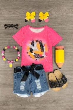 Hot Pink Pencil & Notebook Denim Short Set
